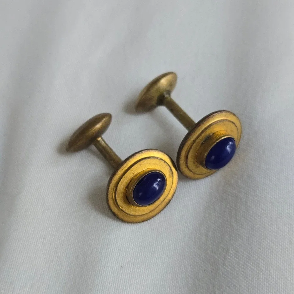 VTG Blue Glass Cabochon Cufflinks Mens Gold Oval Antique Art Deco USA Unbranded